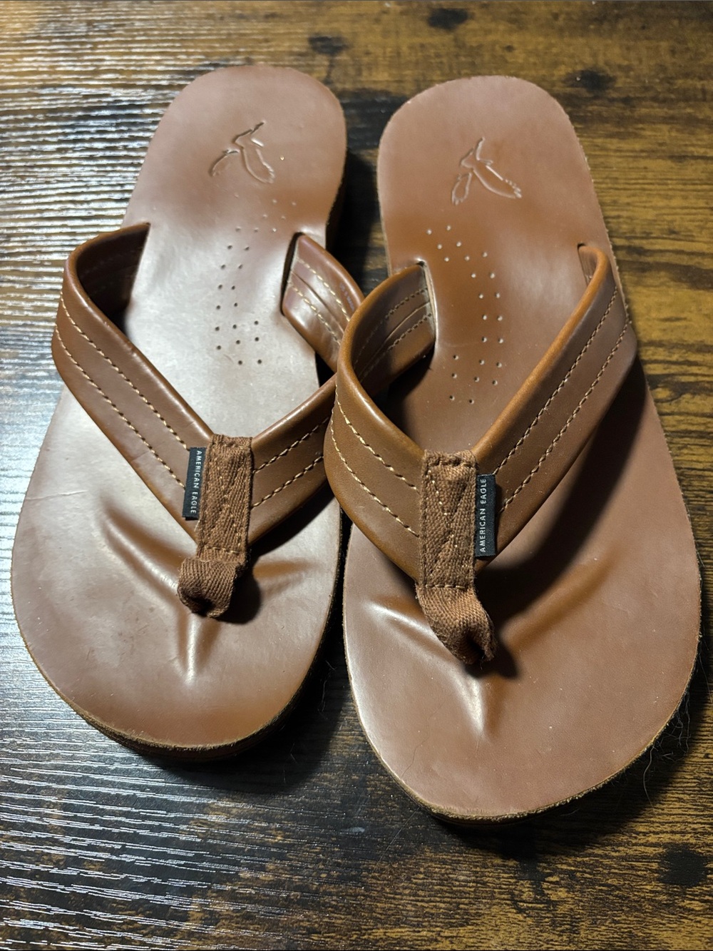American Eagle Outfitters Brown Men’s Leather-Look Flip Flops